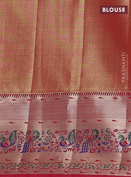 Tissue paithani silk saree teal green shade and red with allover zari woven brocade weaves and zari woven paithani style border