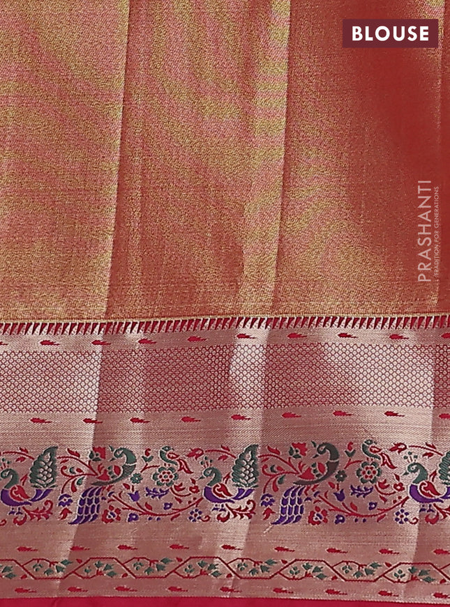 Tissue paithani silk saree teal green shade and red with allover zari woven brocade weaves and zari woven paithani style border