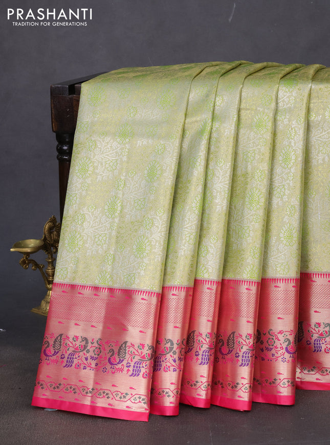 Tissue paithani silk saree fluorescent green and pink with allover zari woven brocade weaves and zari woven paithani style border