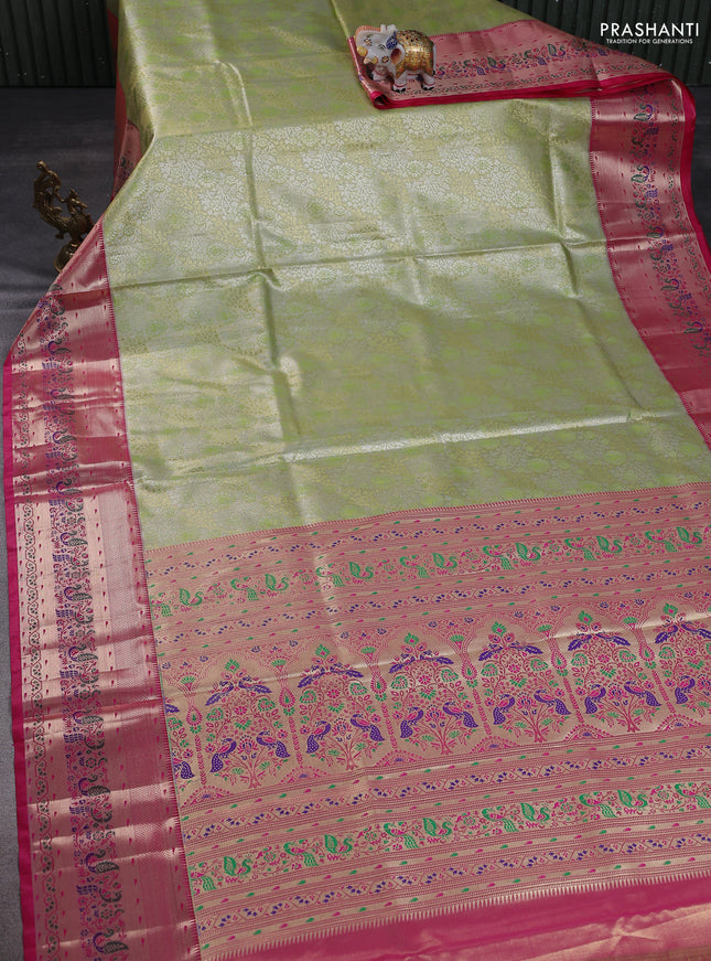 Tissue paithani silk saree fluorescent green and pink with allover zari woven brocade weaves and zari woven paithani style border