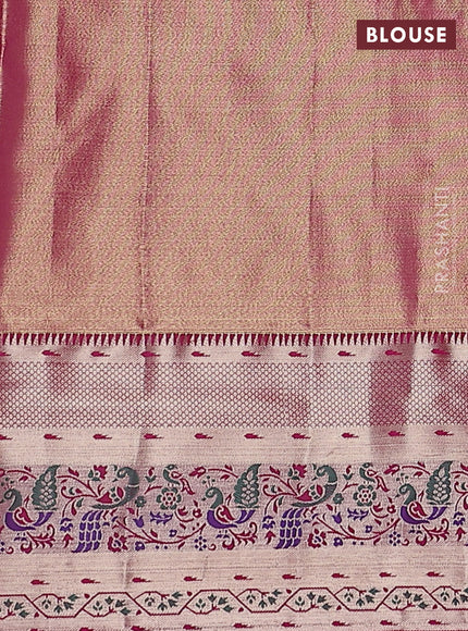 Tissue paithani silk saree fluorescent green and pink with allover zari woven brocade weaves and zari woven paithani style border