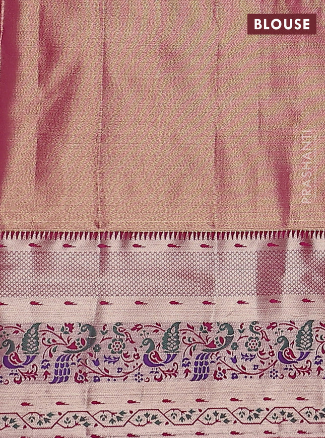 Tissue paithani silk saree fluorescent green and pink with allover zari woven brocade weaves and zari woven paithani style border