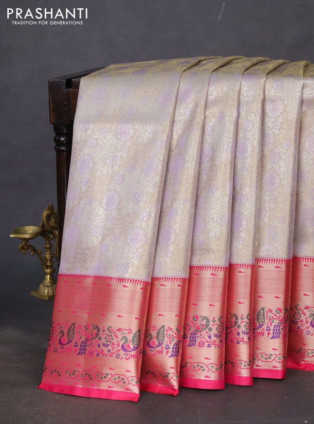 Tissue paithani silk saree mild lavender and pink with allover silver zari woven brocade weaves and zari woven paithani style border