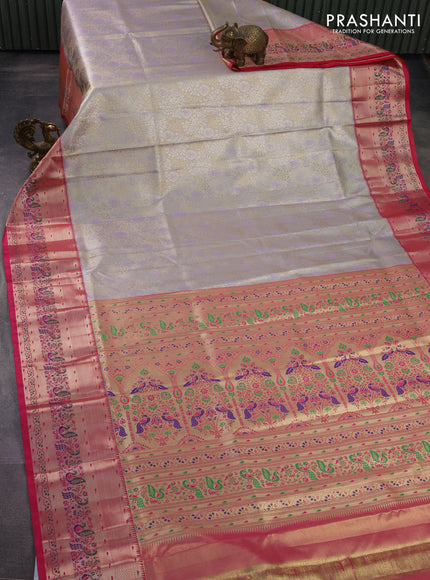 Tissue paithani silk saree mild lavender and pink with allover silver zari woven brocade weaves and zari woven paithani style border