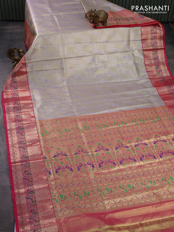 Tissue paithani silk saree mild lavender and pink with allover silver zari woven brocade weaves and zari woven paithani style border