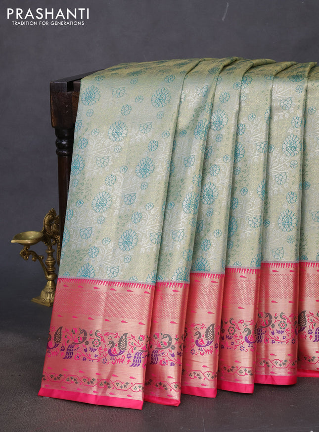 Tissue paithani silk saree green and pink with allover silver zari woven brocade weaves and zari woven paithani style border