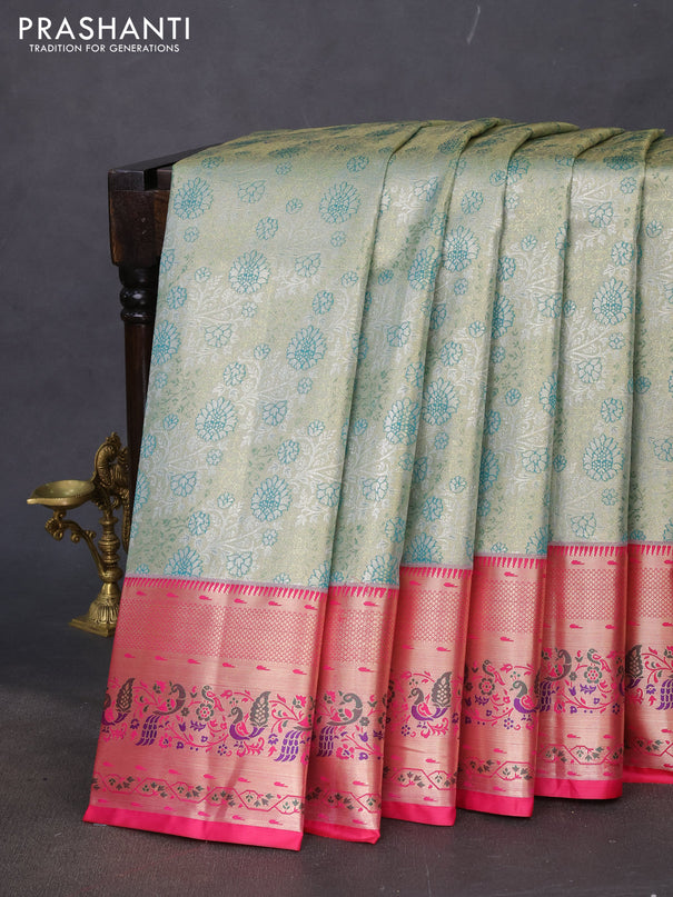 Tissue paithani silk saree green and pink with allover silver zari woven brocade weaves and zari woven paithani style border