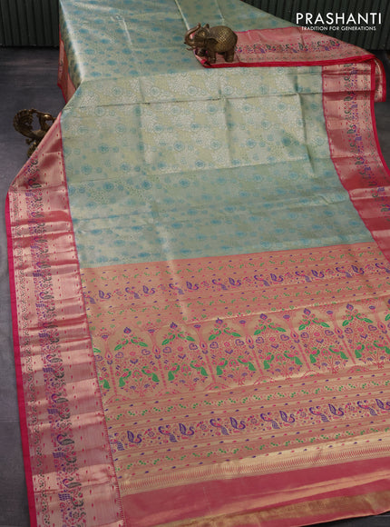 Tissue paithani silk saree green and pink with allover silver zari woven brocade weaves and zari woven paithani style border