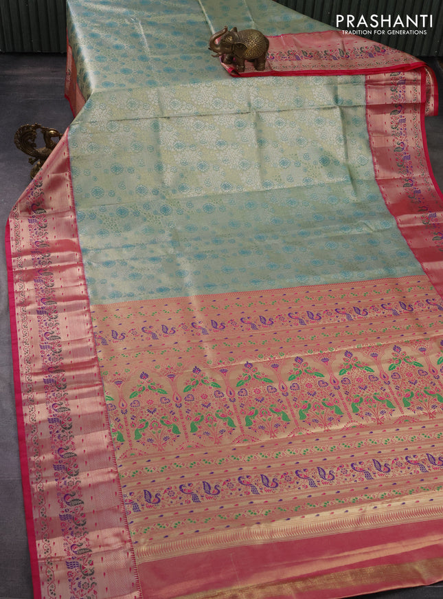 Tissue paithani silk saree green and pink with allover silver zari woven brocade weaves and zari woven paithani style border
