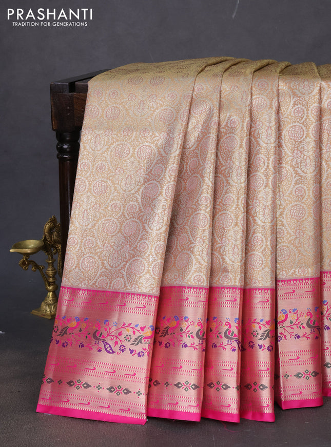 Tissue paithani silk saree dual shade of pastel peach and pink with allover silver zari woven brocade weaves and zari woven paithani style border