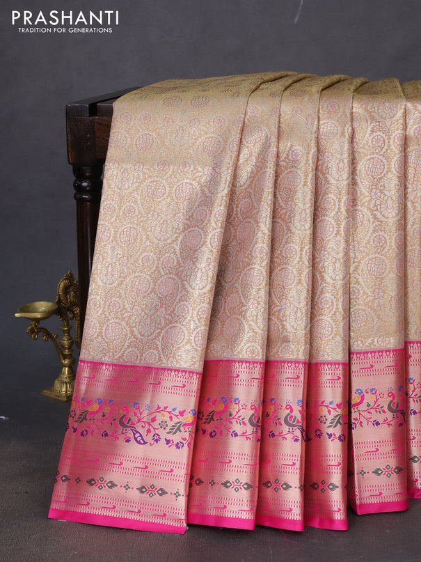 Tissue paithani silk saree dual shade of pastel peach and pink with allover silver zari woven brocade weaves and zari woven paithani style border