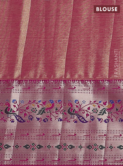 Tissue paithani silk saree dual shade of pastel peach and pink with allover silver zari woven brocade weaves and zari woven paithani style border