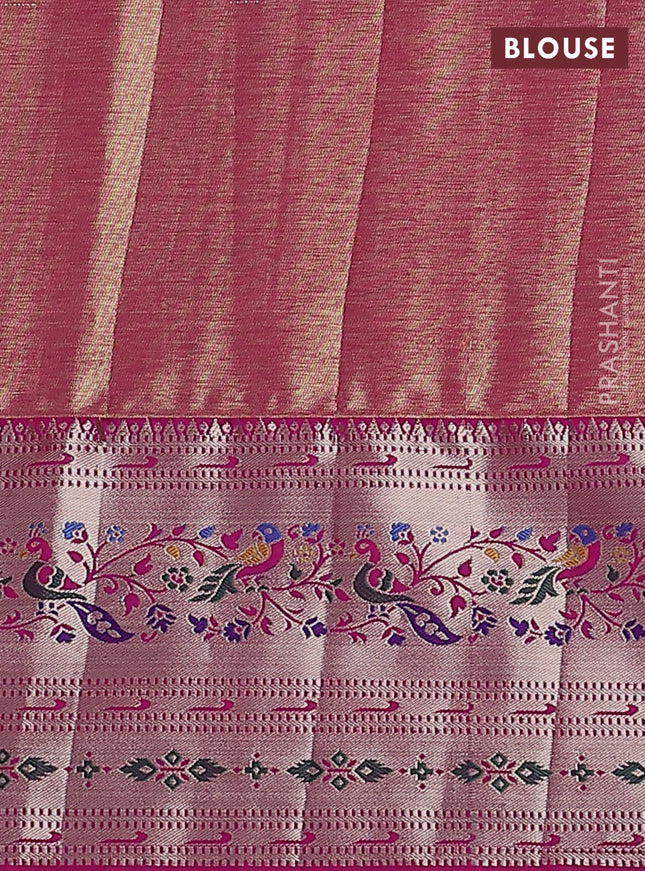 Tissue paithani silk saree dual shade of pastel peach and pink with allover silver zari woven brocade weaves and zari woven paithani style border