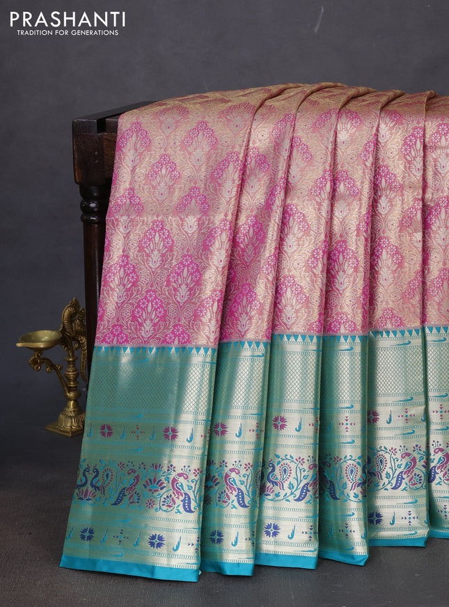 Tissue paithani silk saree dual shade of purple shade and teal green with allover silver zari woven brocade weaves and long zari woven paithani style border