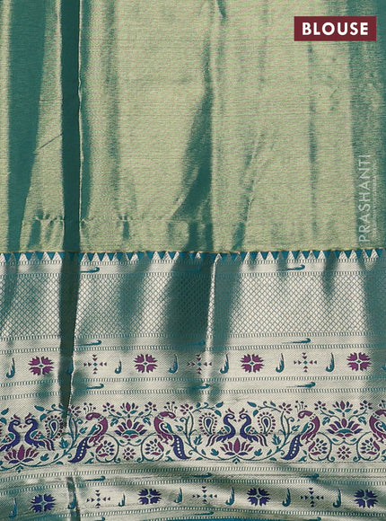 Tissue paithani silk saree dual shade of purple shade and teal green with allover silver zari woven brocade weaves and long zari woven paithani style border