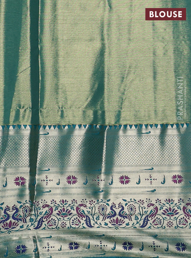 Tissue paithani silk saree dual shade of purple shade and teal green with allover silver zari woven brocade weaves and long zari woven paithani style border