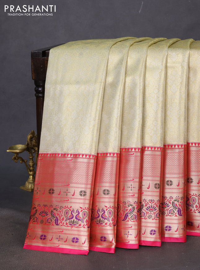 Tissue paithani silk saree cream and pink with allover zari woven brocade weaves and long zari woven paithani style border