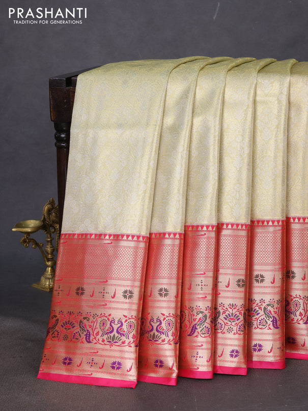 Tissue paithani silk saree cream and pink with allover zari woven brocade weaves and long zari woven paithani style border