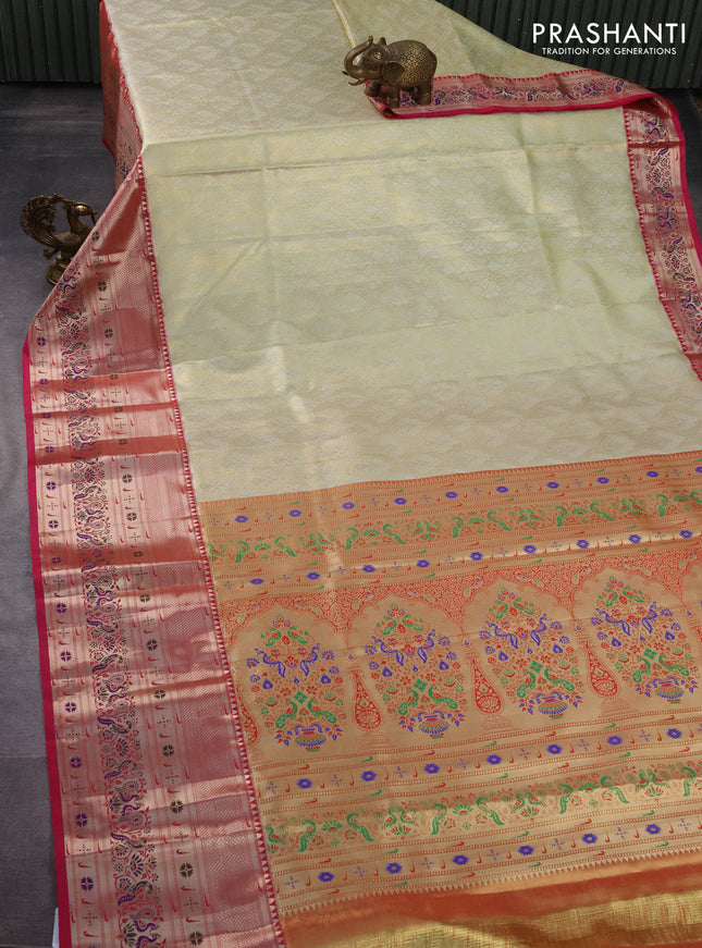 Tissue paithani silk saree cream and pink with allover zari woven brocade weaves and long zari woven paithani style border
