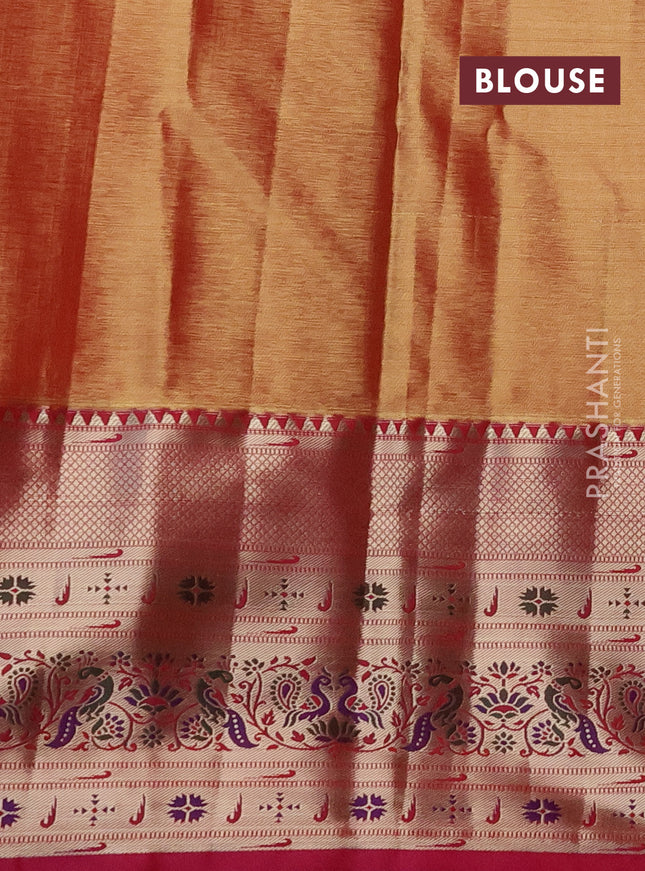 Tissue paithani silk saree cream and pink with allover zari woven brocade weaves and long zari woven paithani style border