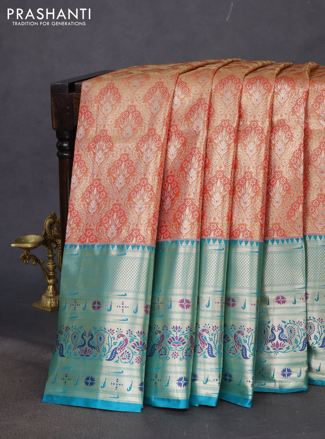 Tissue paithani silk saree dual shade of reddish gold and teal green with allover zari woven brocade weaves and long zari woven paithani style border