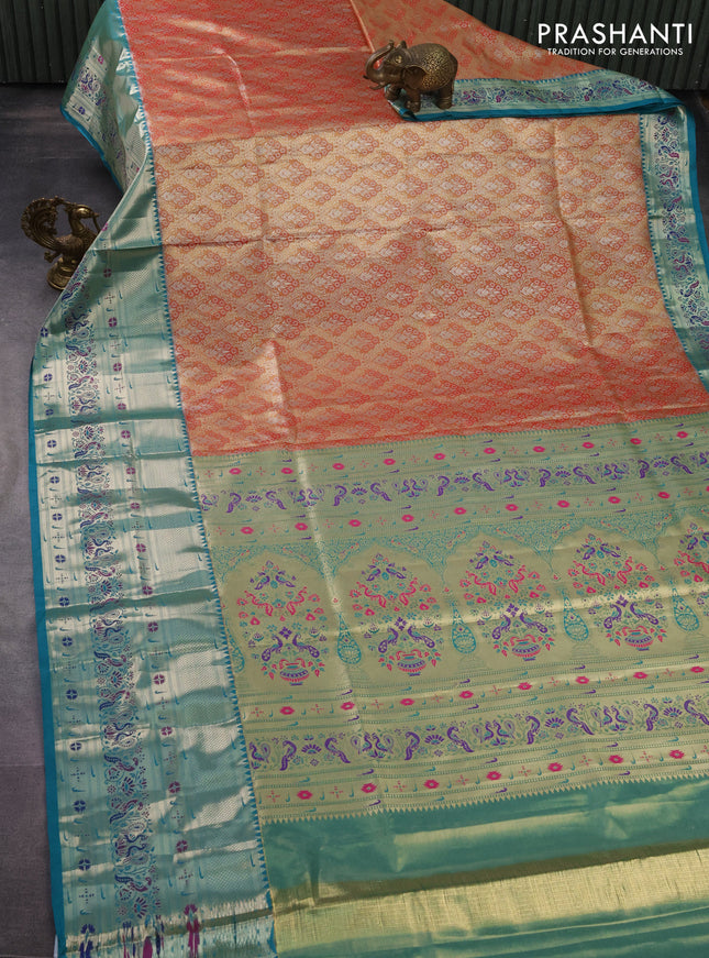 Tissue paithani silk saree dual shade of reddish gold and teal green with allover zari woven brocade weaves and long zari woven paithani style border