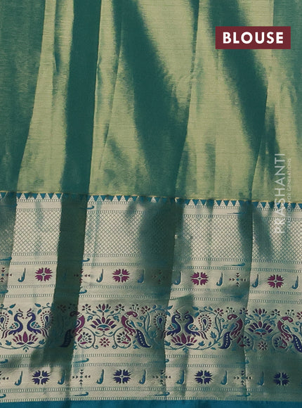Tissue paithani silk saree dual shade of reddish gold and teal green with allover zari woven brocade weaves and long zari woven paithani style border