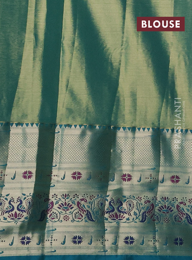 Tissue paithani silk saree dual shade of reddish gold and teal green with allover zari woven brocade weaves and long zari woven paithani style border