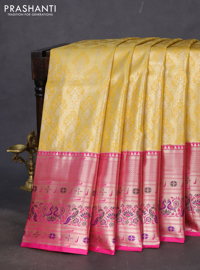 Tissue paithani silk saree yellow and pink with allover zari woven brocade weaves and long zari woven paithani style border