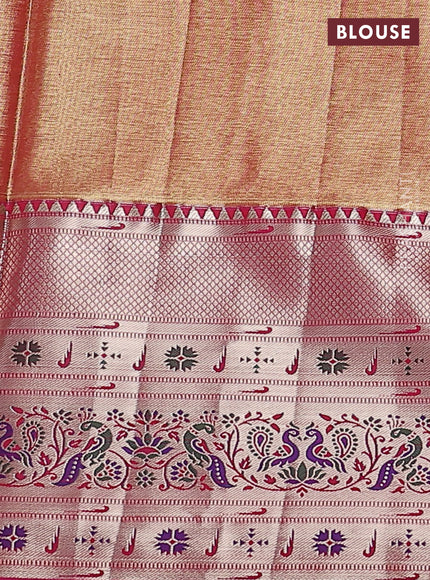 Tissue paithani silk saree teal shade and pink with allover zari woven brocade weaves and long zari woven paithani style border