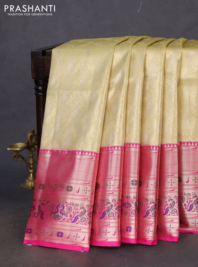 Tissue paithani silk saree gold and pink with allover zari woven brocade weaves and long zari woven paithani style border