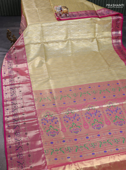 Tissue paithani silk saree gold and pink with allover zari woven brocade weaves and long zari woven paithani style border
