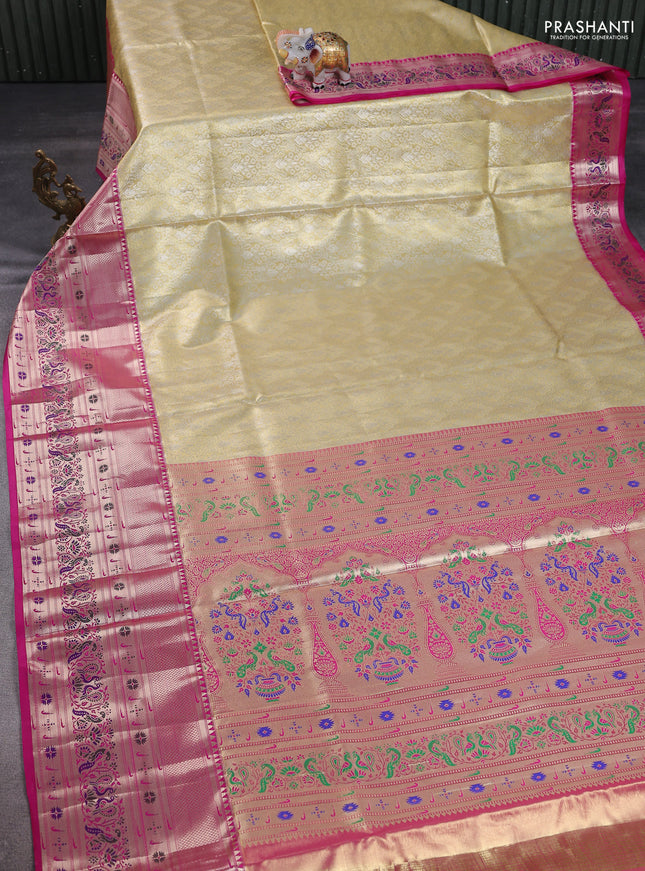 Tissue paithani silk saree gold and pink with allover zari woven brocade weaves and long zari woven paithani style border