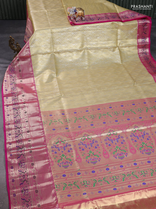 Tissue paithani silk saree gold and pink with allover zari woven brocade weaves and long zari woven paithani style border