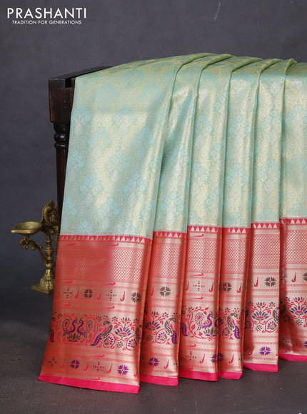 Tissue paithani silk saree teal shade and pink with allover silver zari woven brocade weaves and zari woven paithani style border