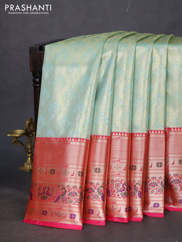 Tissue paithani silk saree teal shade and pink with allover silver zari woven brocade weaves and zari woven paithani style border