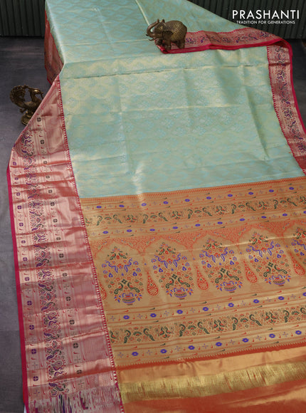 Tissue paithani silk saree teal shade and pink with allover silver zari woven brocade weaves and zari woven paithani style border