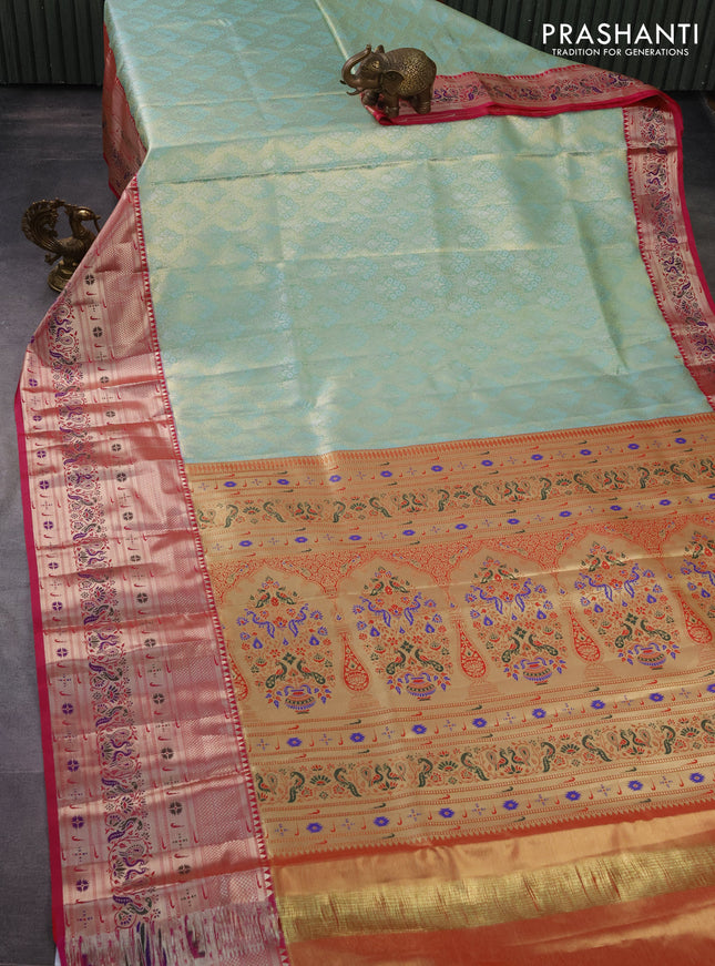 Tissue paithani silk saree teal shade and pink with allover silver zari woven brocade weaves and zari woven paithani style border