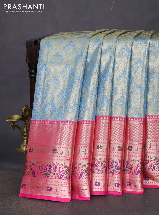 Tissue paithani silk saree blue and pink with allover silver zari woven brocade weaves and long zari woven paithani style border