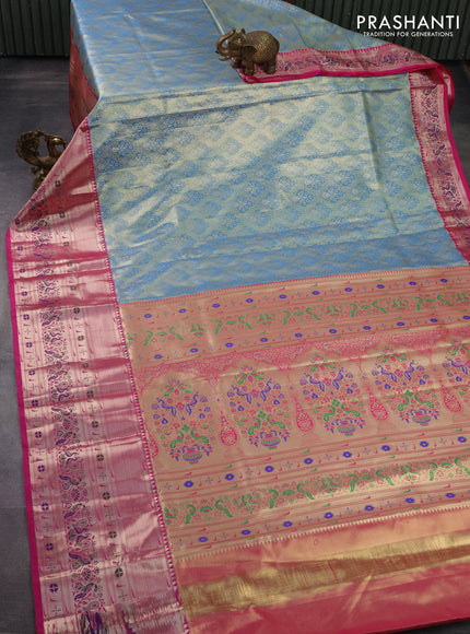 Tissue paithani silk saree blue and pink with allover silver zari woven brocade weaves and long zari woven paithani style border