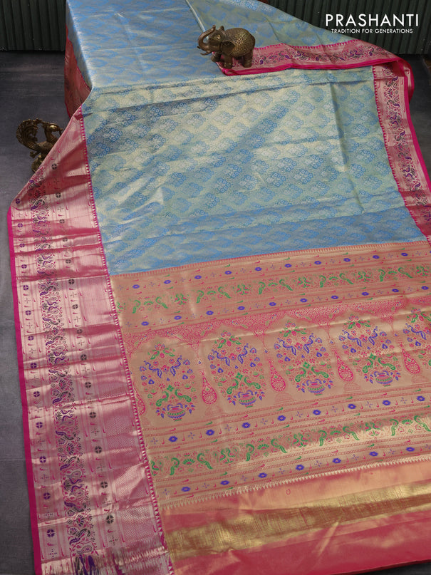 Tissue paithani silk saree blue and pink with allover silver zari woven brocade weaves and long zari woven paithani style border
