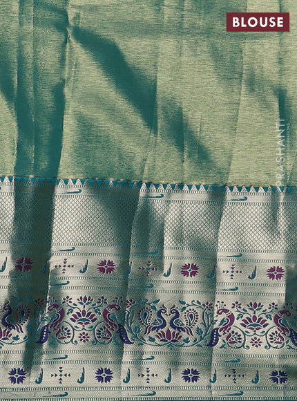 Tissue paithani silk saree peach shade and teal green with allover silver zari woven brocade weaves and long zari woven paithani style border