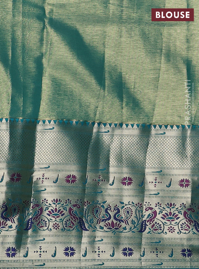 Tissue paithani silk saree peach shade and teal green with allover silver zari woven brocade weaves and long zari woven paithani style border