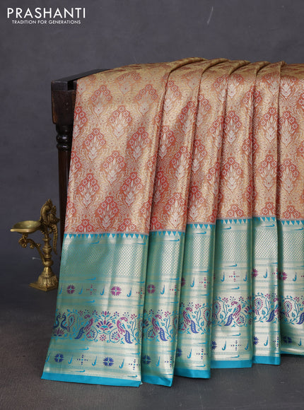 Tissue paithani silk saree dual shade of gold and teal green with allover silver zari woven brocade weaves and long zari woven paithani style border