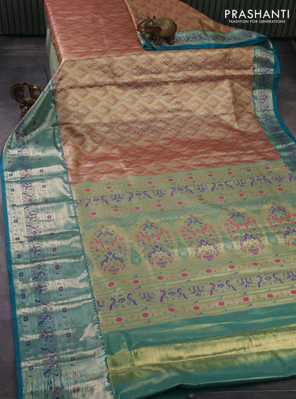 Tissue paithani silk saree dual shade of gold and teal green with allover silver zari woven brocade weaves and long zari woven paithani style border