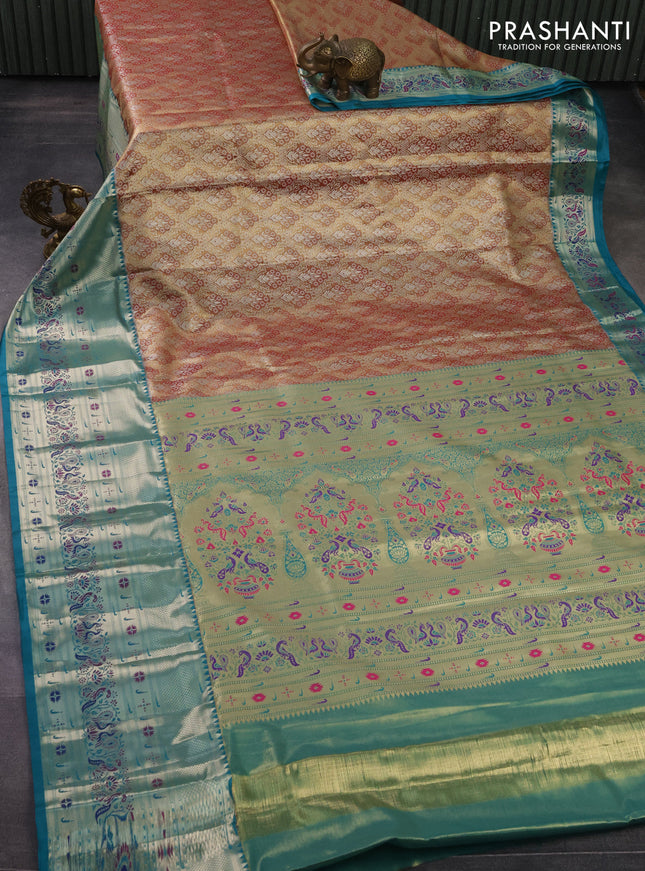 Tissue paithani silk saree dual shade of gold and teal green with allover silver zari woven brocade weaves and long zari woven paithani style border