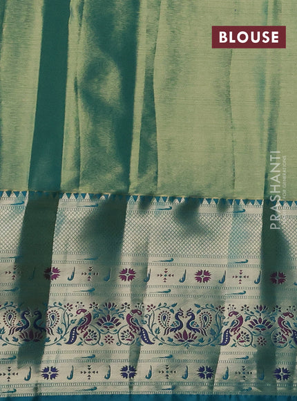Tissue paithani silk saree dual shade of gold and teal green with allover silver zari woven brocade weaves and long zari woven paithani style border