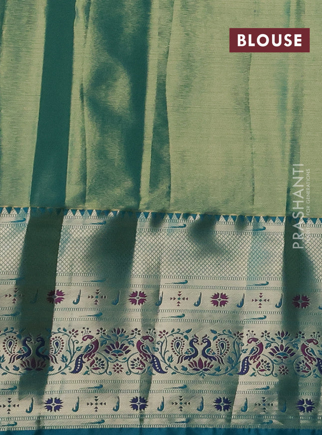 Tissue paithani silk saree dual shade of gold and teal green with allover silver zari woven brocade weaves and long zari woven paithani style border