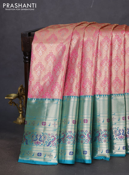 Tissue paithani silk saree peach pink and teal green with allover silver zari woven brocade weaves and long zari woven paithani style border