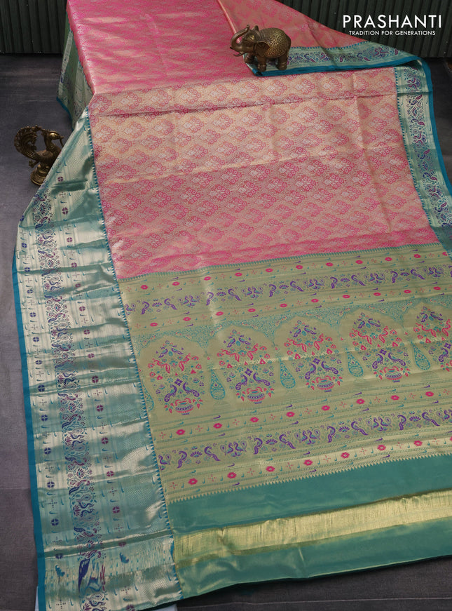 Tissue paithani silk saree peach pink and teal green with allover silver zari woven brocade weaves and long zari woven paithani style border